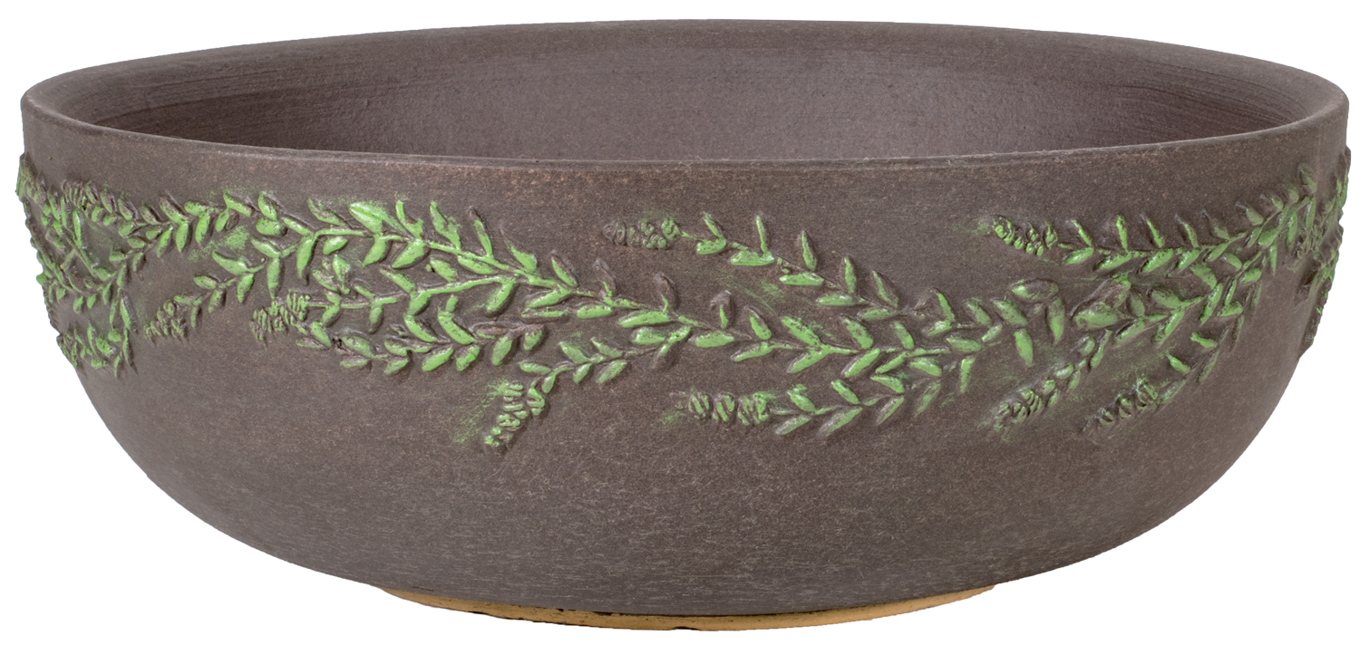 large shallow brown planter bowl with hand painted wreath design