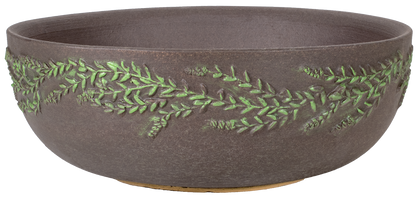 large shallow brown planter bowl with hand painted wreath design