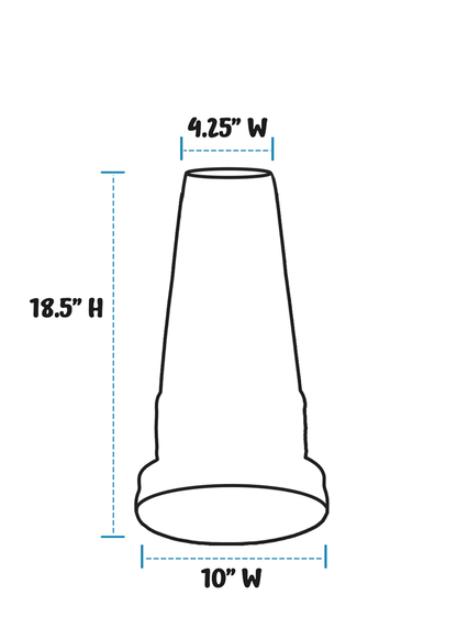 A simple line drawing of a birdbath pedestal on a white background with dimension labels showing 18.5 inches height, 10 inches width at the base, and 4.