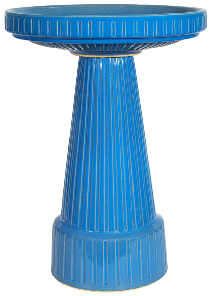 ceramic light blue birdbath with stripped design