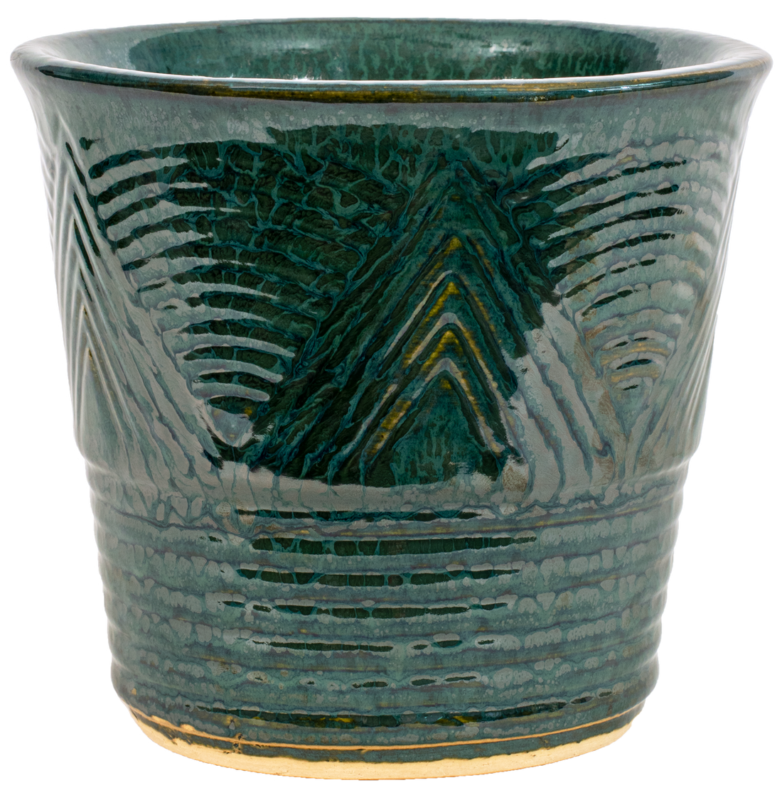American Made indoor ceramic planter. Art deco style design in a green glaze color