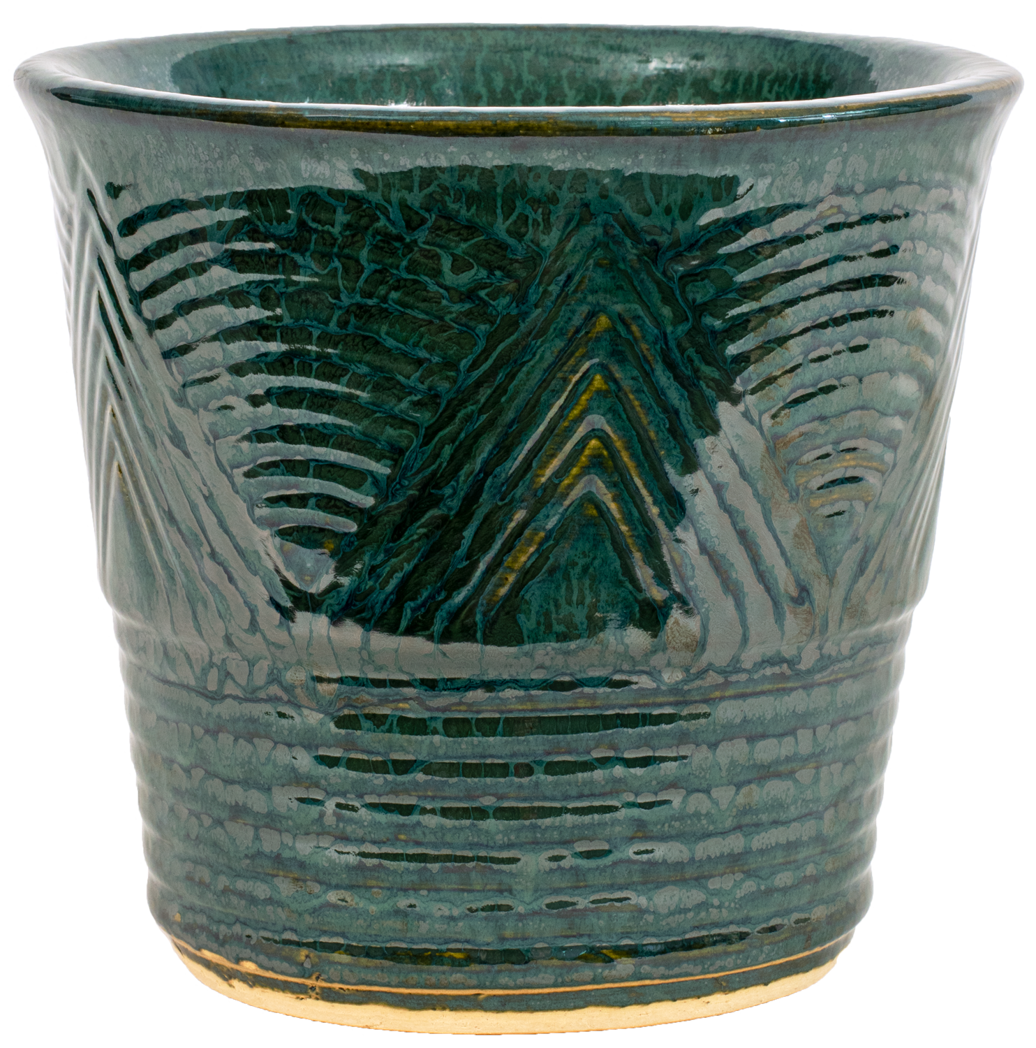 American Made indoor ceramic planter. Art deco style design in a green glaze color