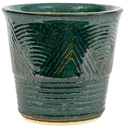 American Made indoor ceramic planter. Art deco style design in a green glaze color