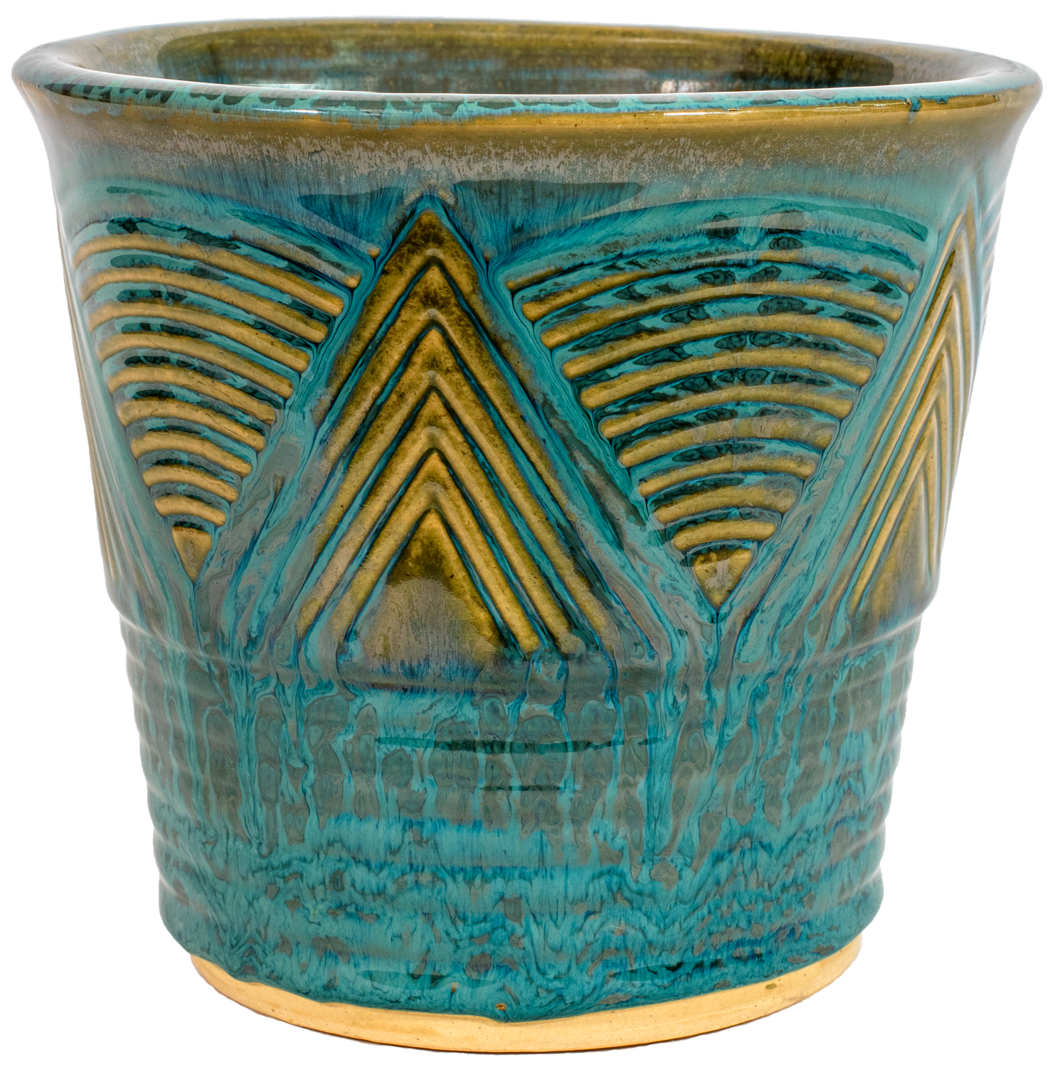 American Made indoor ceramic planter. Art deco style design in a Turquoise glaze color
