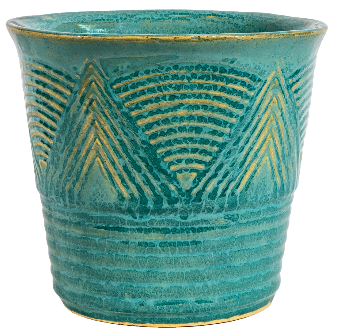 American Made indoor ceramic planter. Art deco style design in a turquoise glaze color