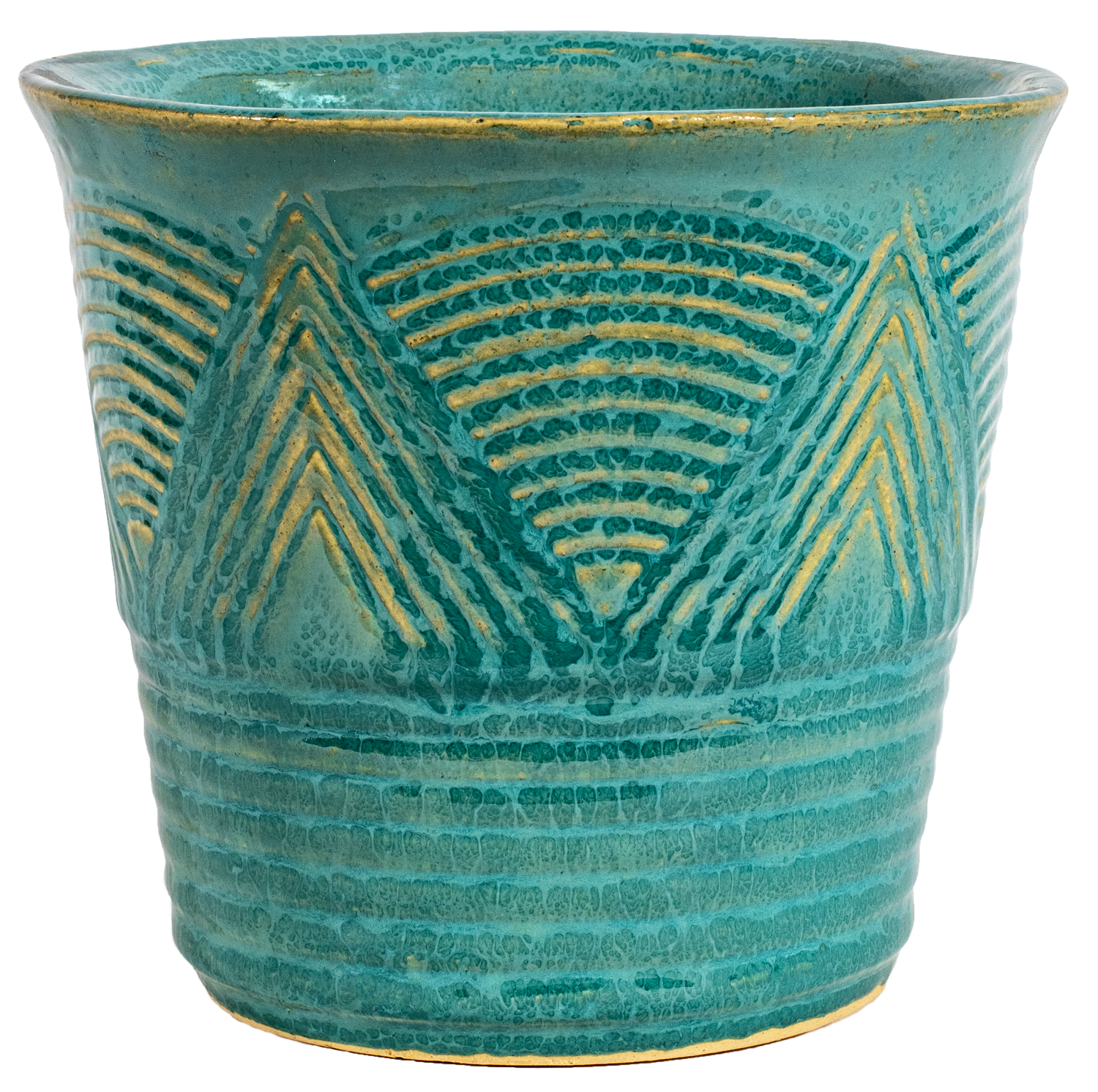 American Made indoor ceramic planter. Art deco style design in a turquoise glaze color