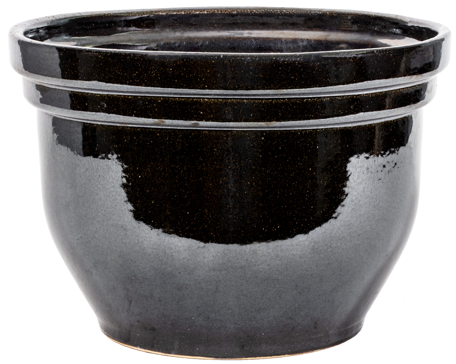 large glossy black ceramic planter in the shape of a bell