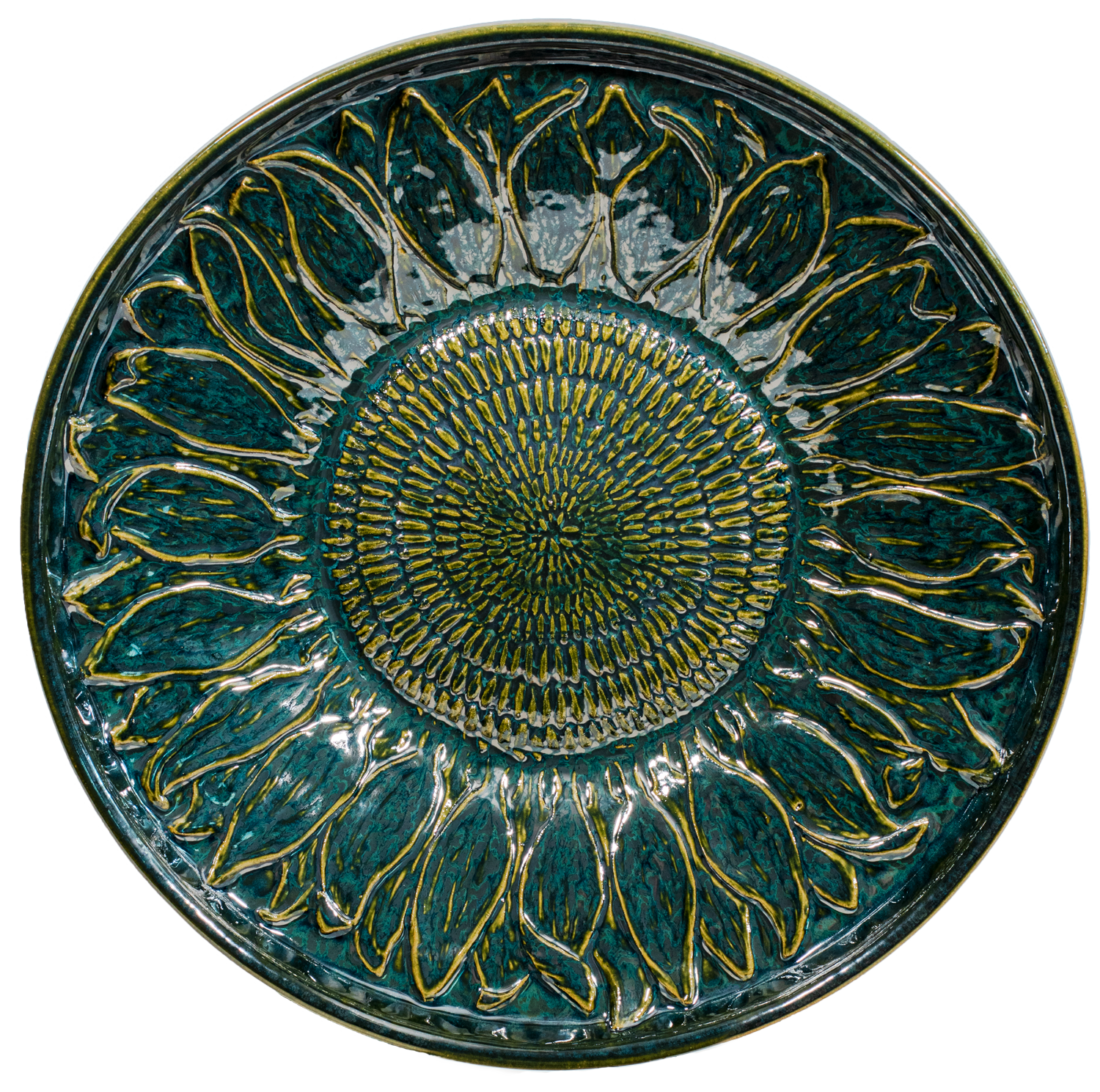 Ceramic sunflower birdbath top in dark green glaze