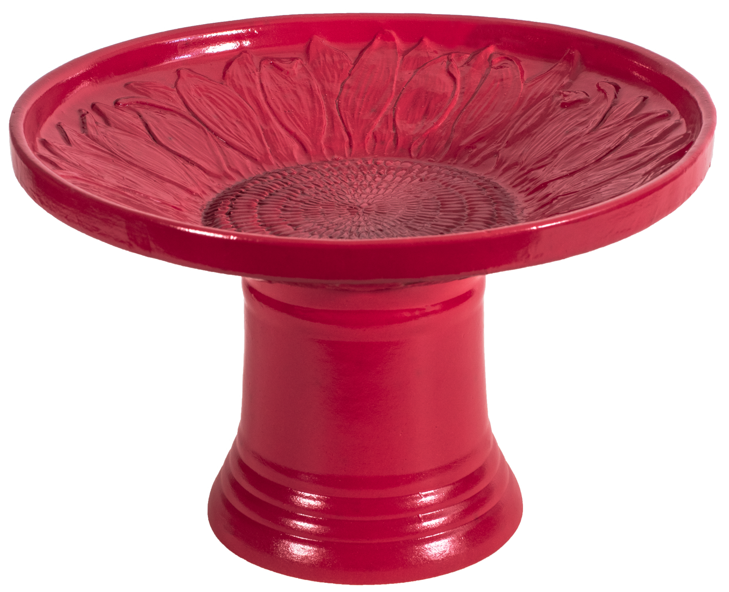 short sunflower design birdbath in red glaze