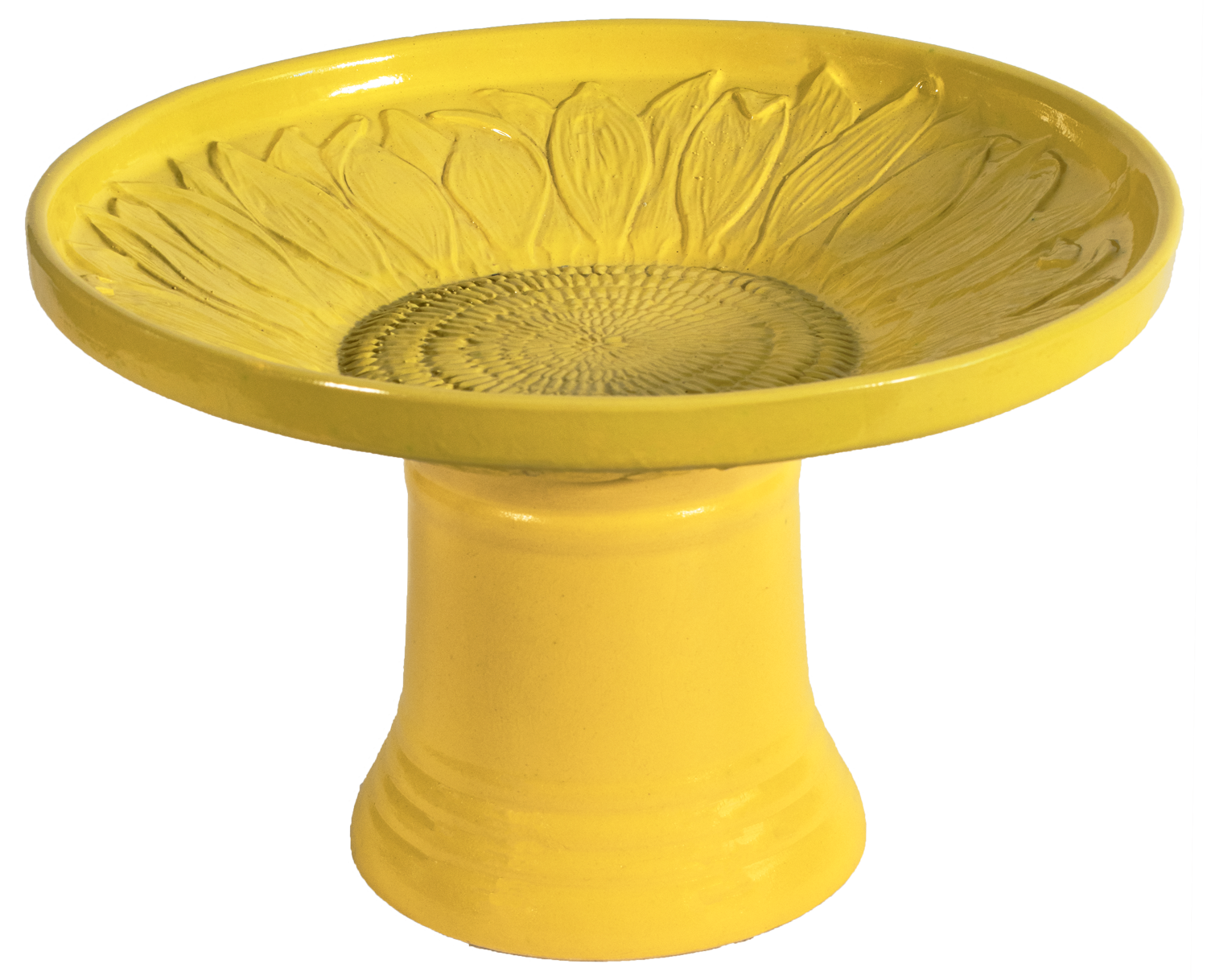 short sunflower design birdbath in yellow glaze