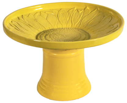 short sunflower design birdbath in yellow glaze