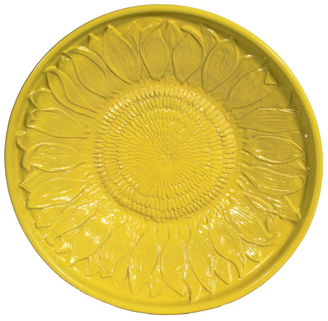 Ceramic sunflower birdbath top in yellow glaze