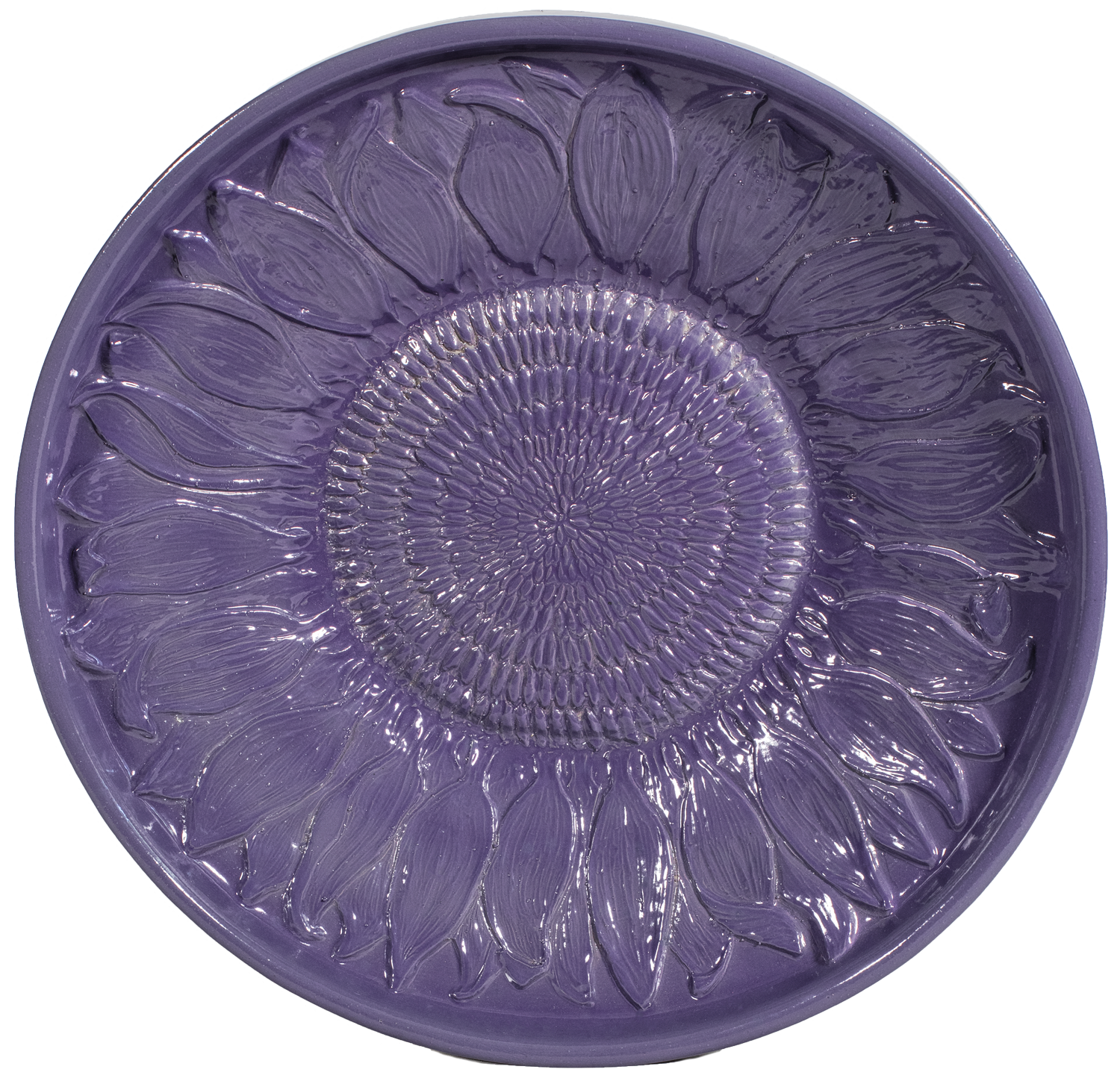 Ceramic sunflower birdbath top in Lavender purple glaze