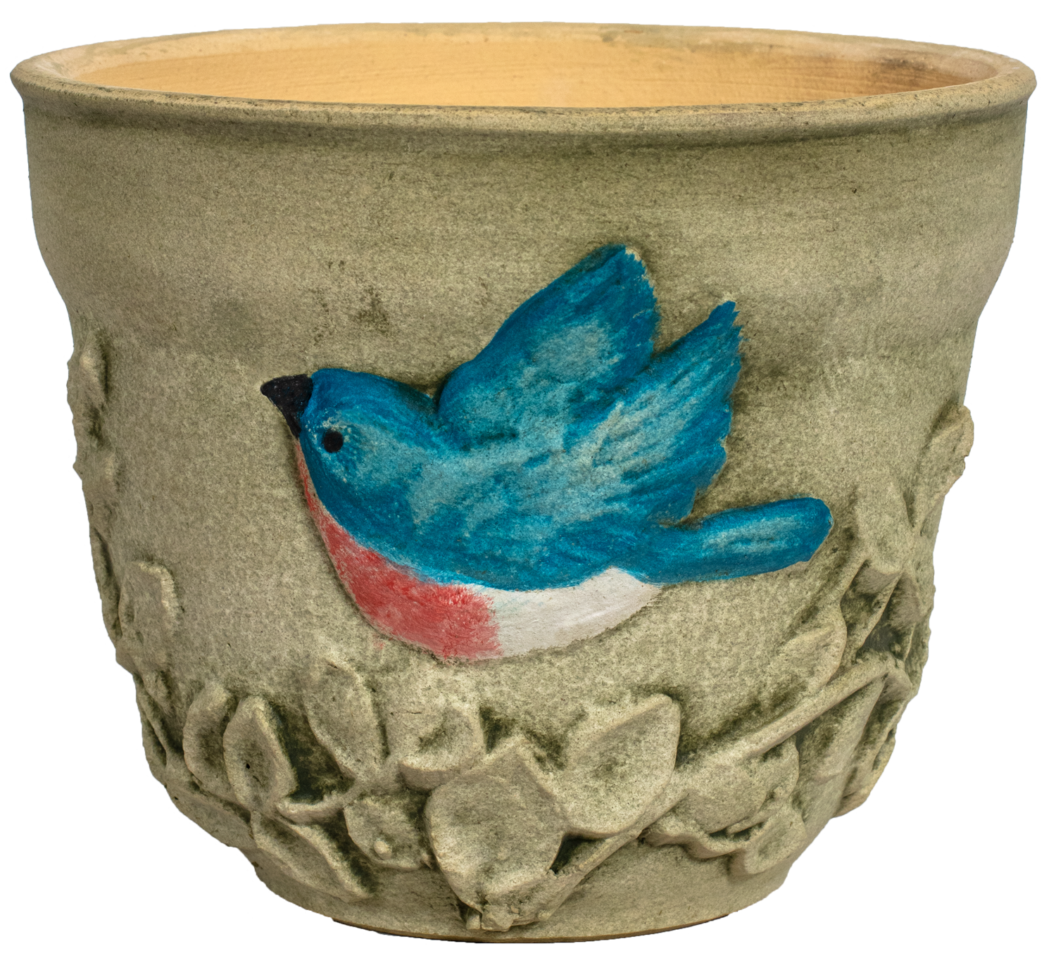 small planter with a hand painted bluebird and leafs