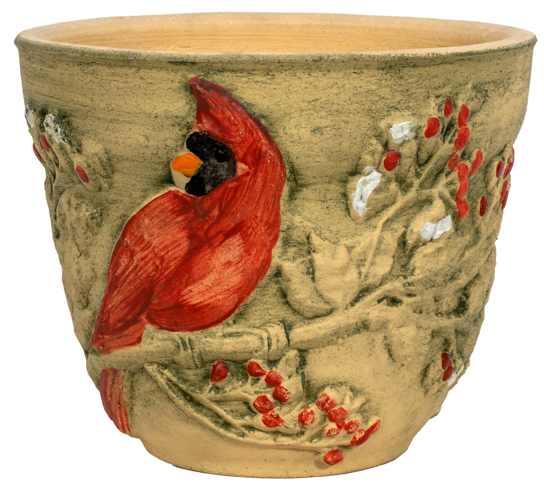 small planter with a hand painted red cardinal and berries