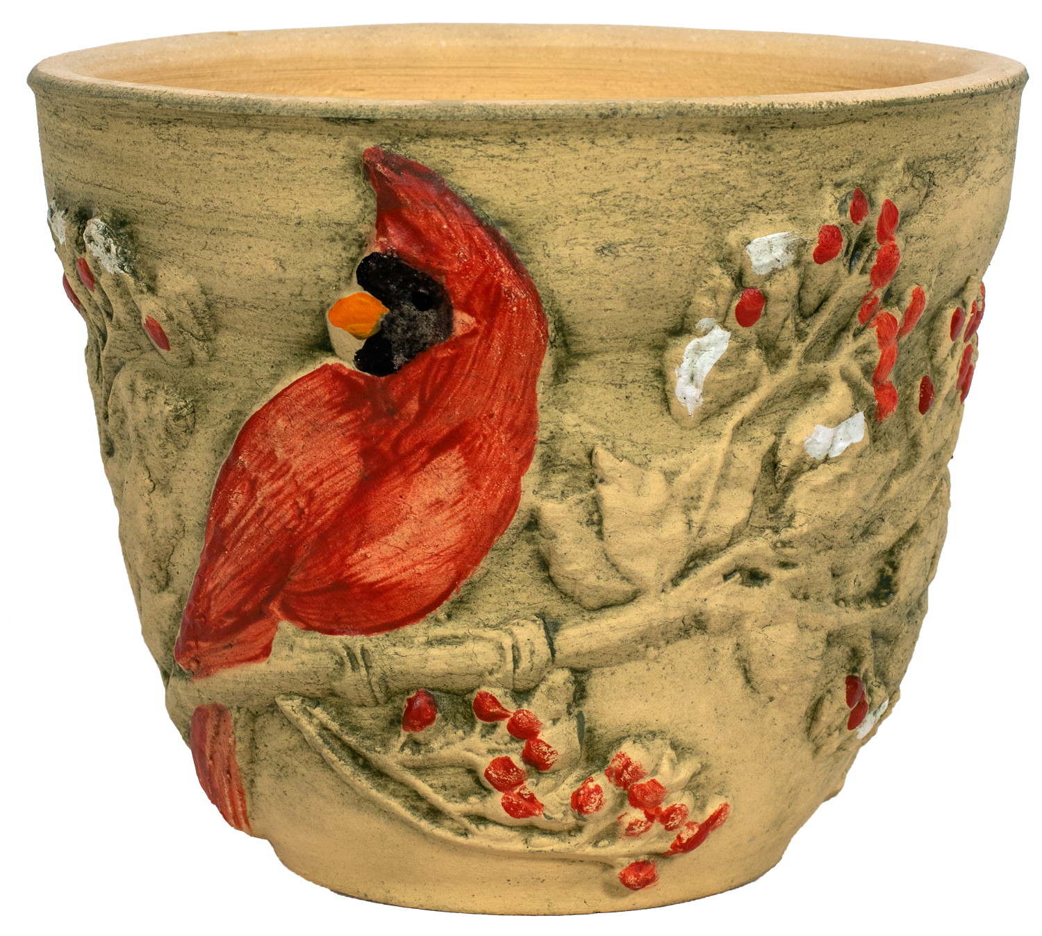 small planter with a hand painted red cardinal and berries