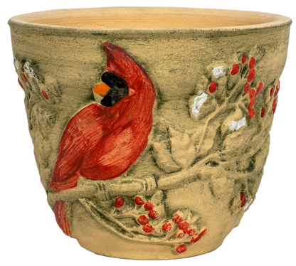 small planter with a hand painted red cardinal and berries