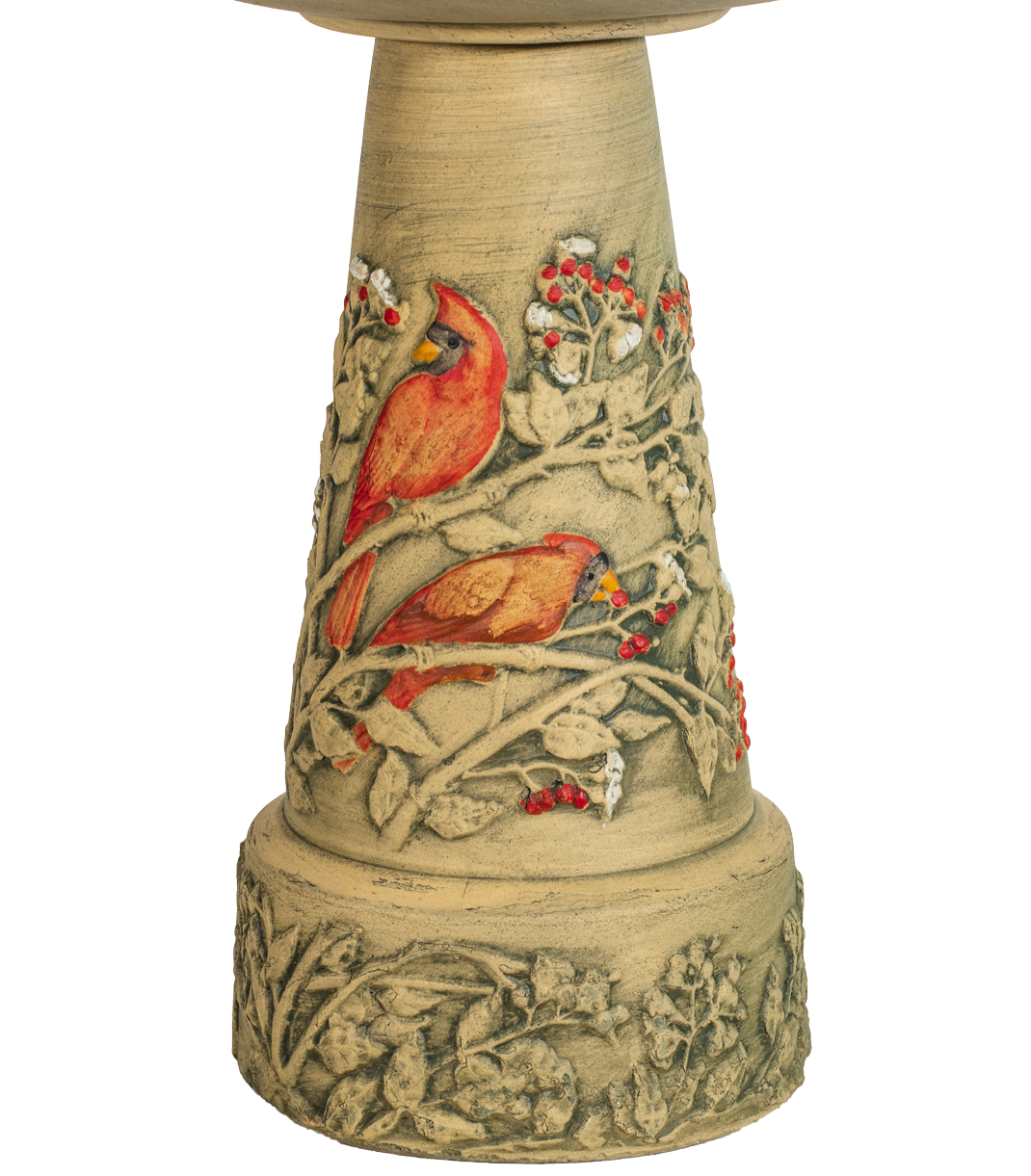 brown aged birdbath pedestal with hand painted red cardinal birds and berries