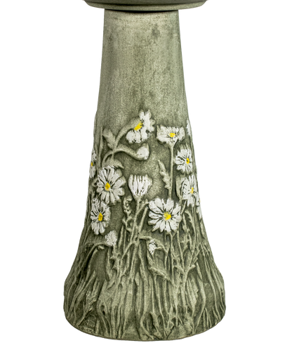 green aged birdbath pedestal with hand painted daisy flowers