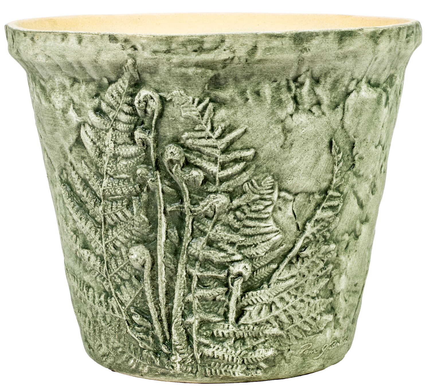 large green aged ceramic planter with ferns embedded 