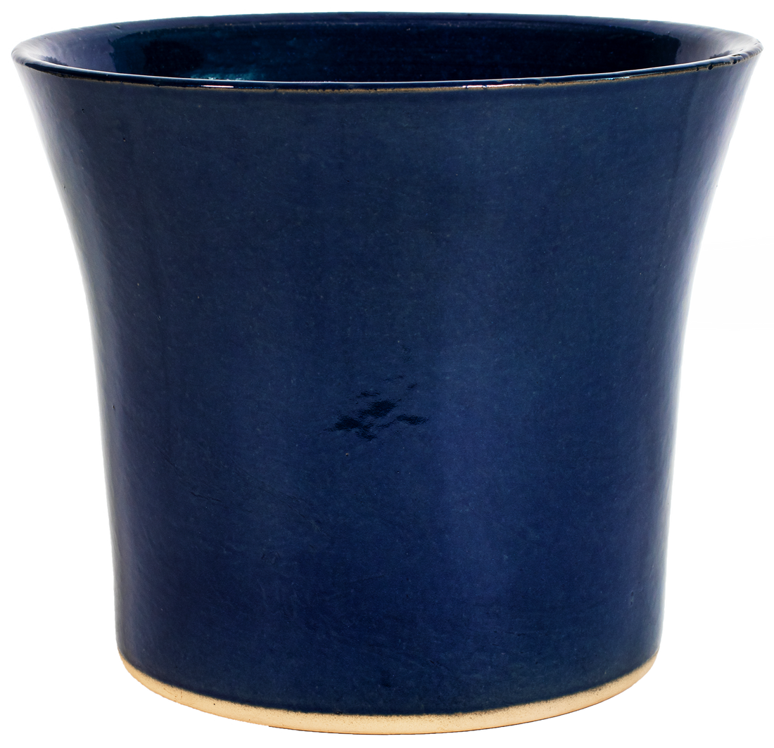 flared round blue glazed ceramic planter