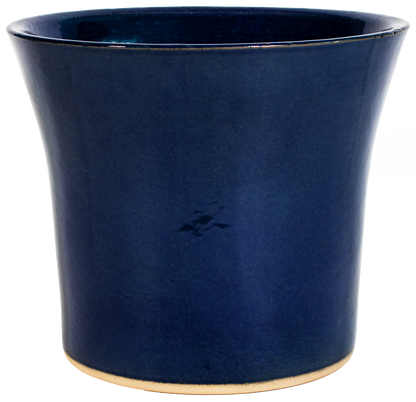 flared round blue glazed ceramic planter