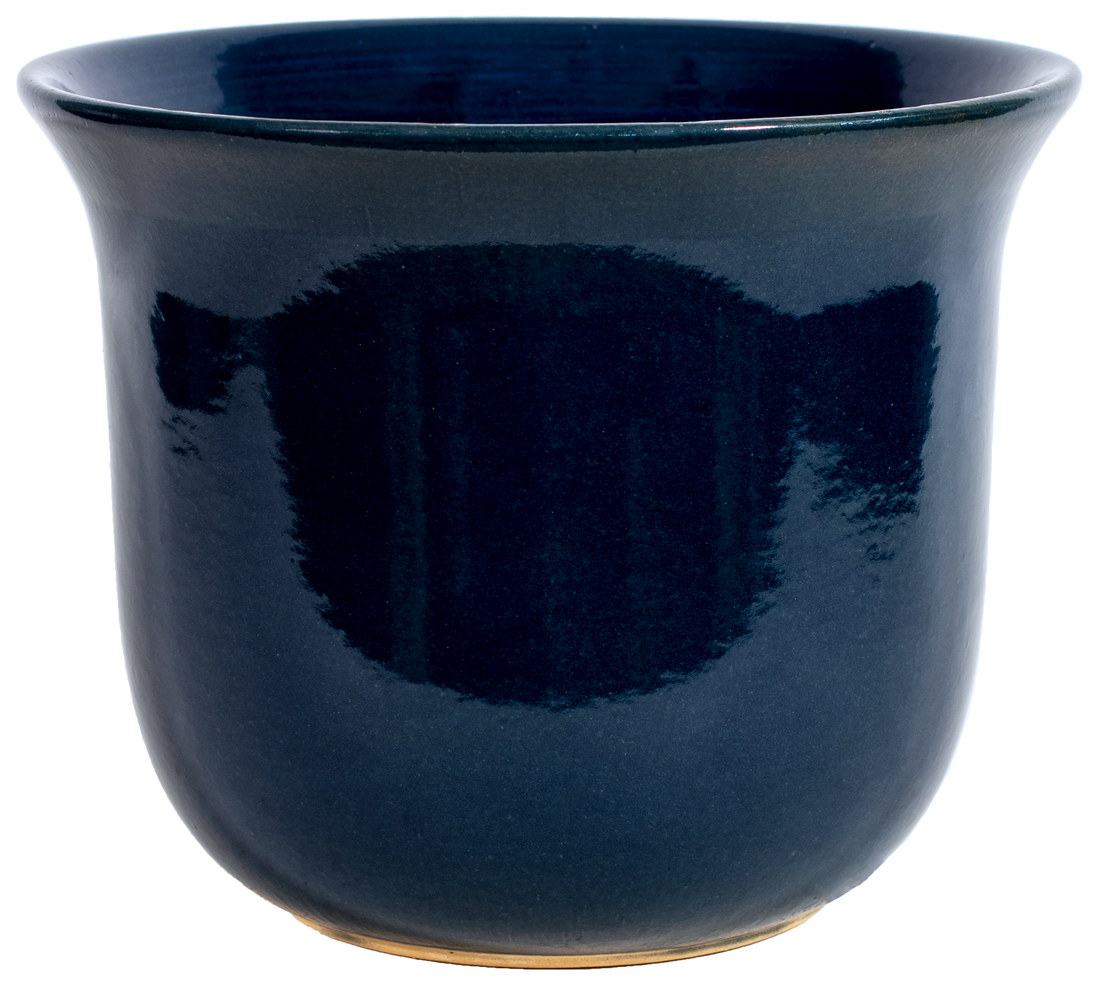 large ceramic blue planter in a bell shape