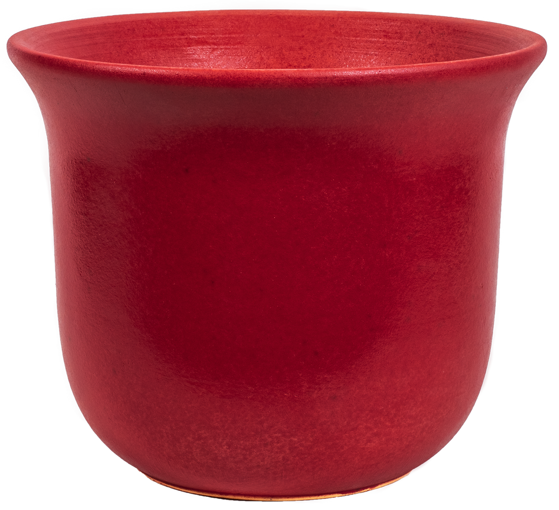 large ceramic red planter in a bell shape