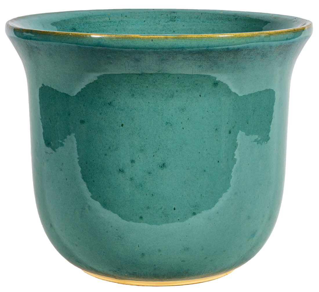 large ceramic turquoise planter in a bell shape