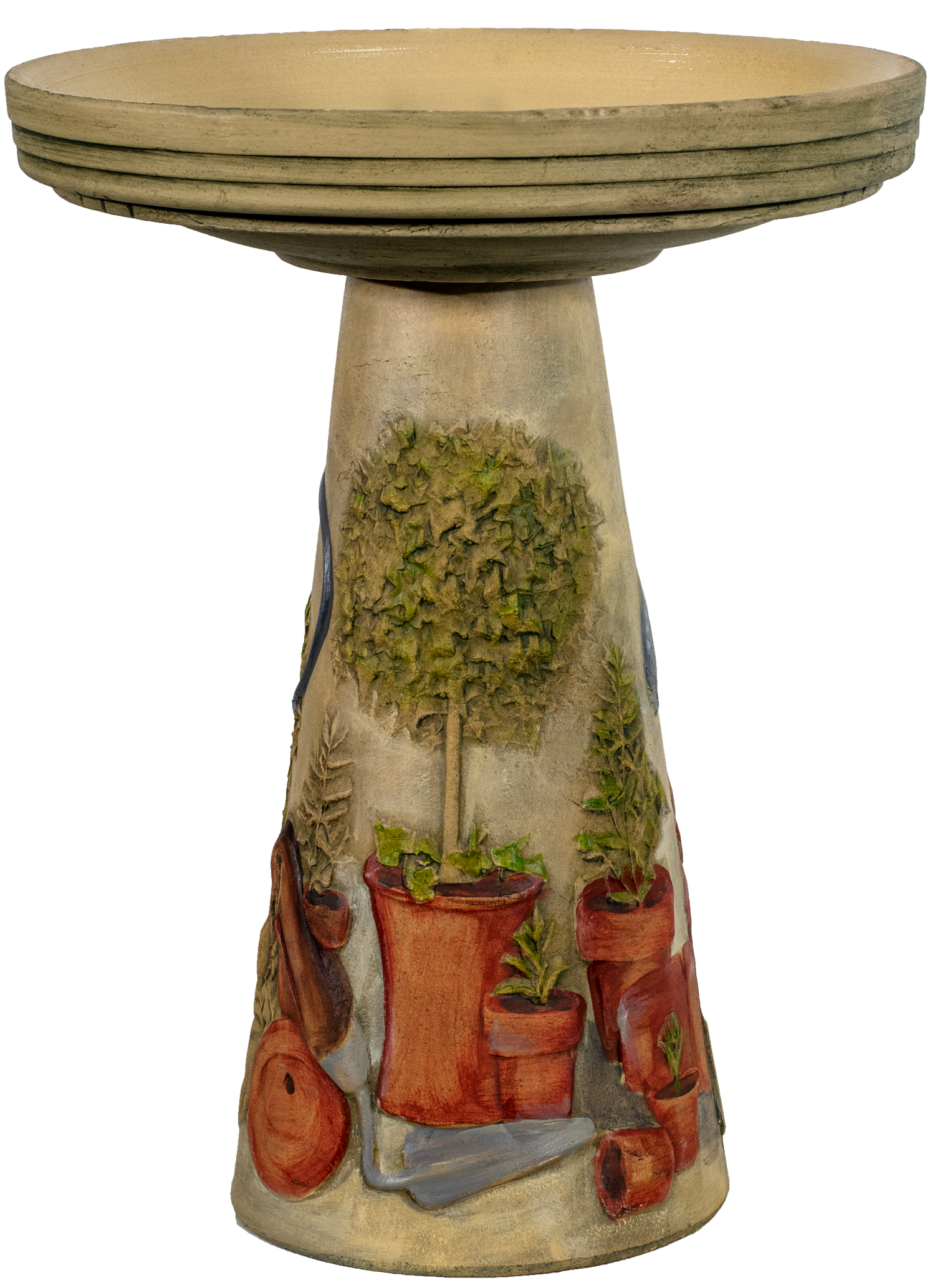 ceramic hand painted birdbath pedestal with terra cotta pots and topiary