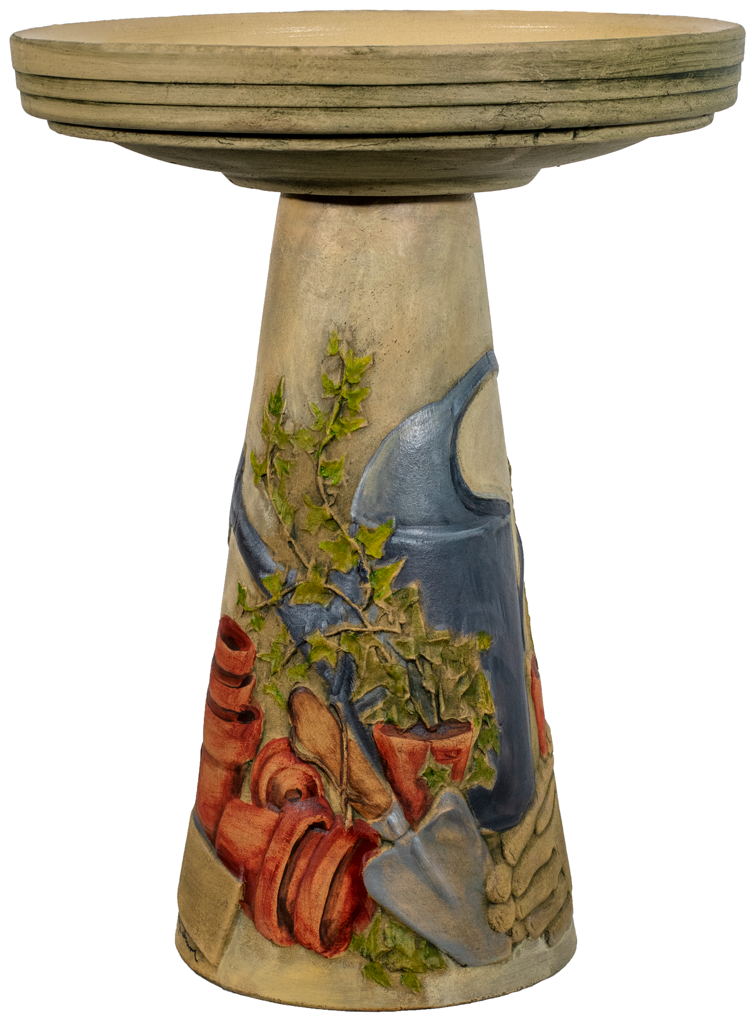 ceramic hand painted birdbath pedestal with terra cotta pots and topiary and watering can