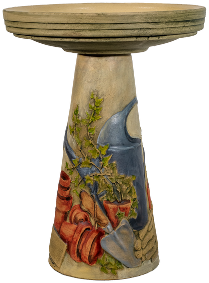 ceramic hand painted birdbath pedestal with terra cotta pots and topiary and watering can