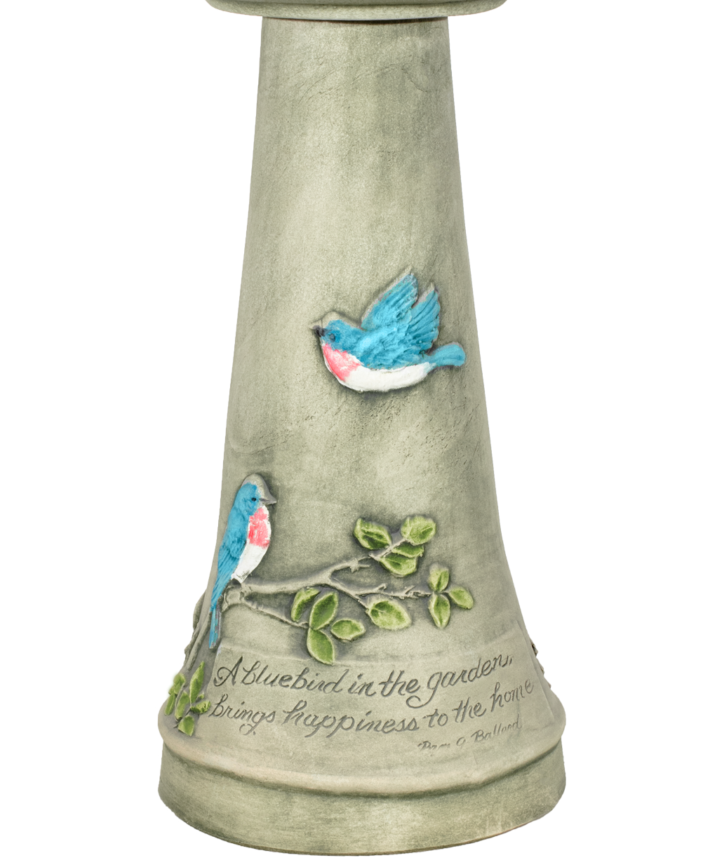 ceramic birdbath pedestal with hand painted bluebird design and saying