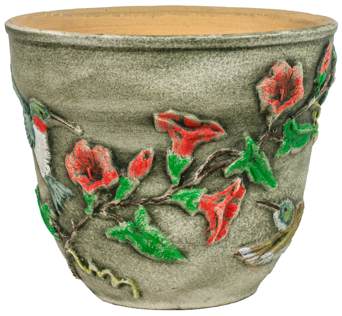 small green aged ceramic planter with hand painted hummingbird and flower design