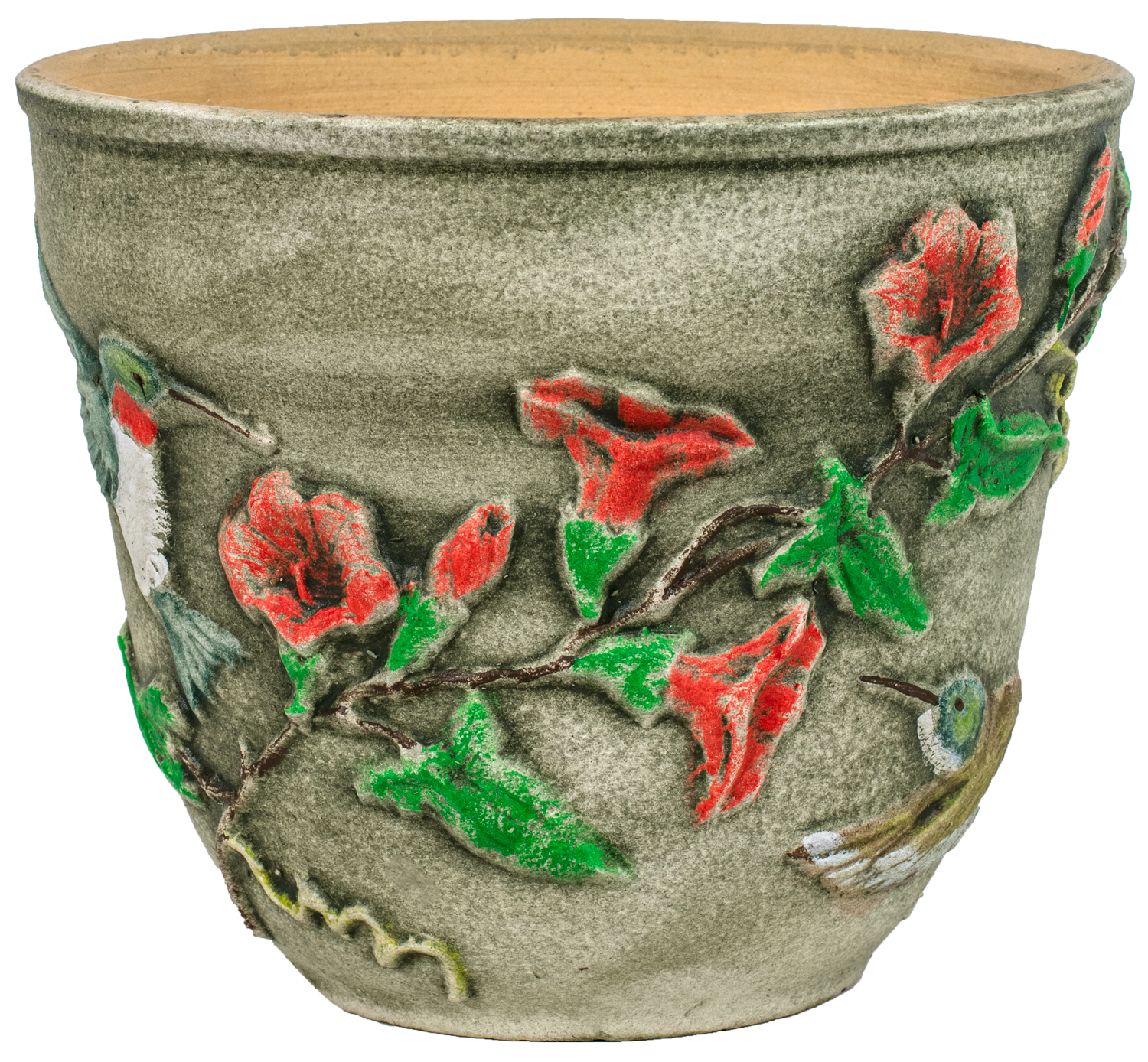 small green aged ceramic planter with hand painted hummingbird and flower design