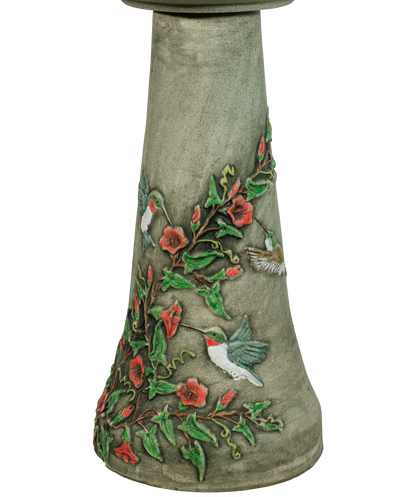 green aged birdbath pedestal with 3 hand painted hummingbirds drinking from painted vines and flowers