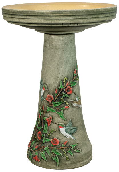 Ceramic birdbath set with hand painted hummingbirds and flowers and leaves
