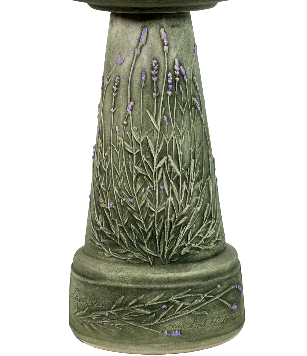 green aged birdbath pedestal with hand painted lavender stems