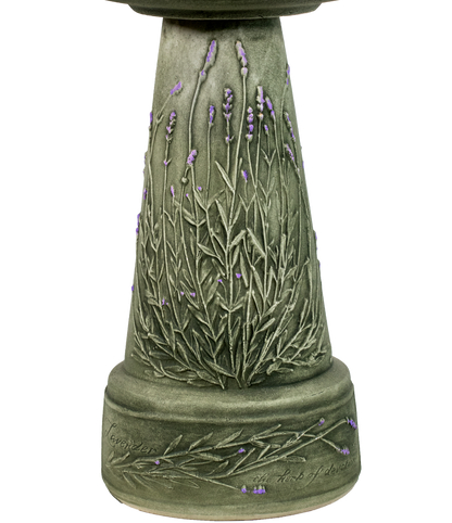 green aged birdbath pedestal with hand painted lavender stems