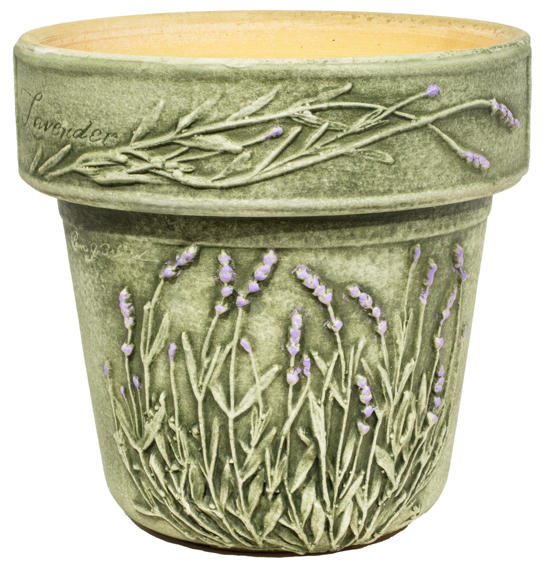 large green aged ceramic planter with hand painted lavender sprigs