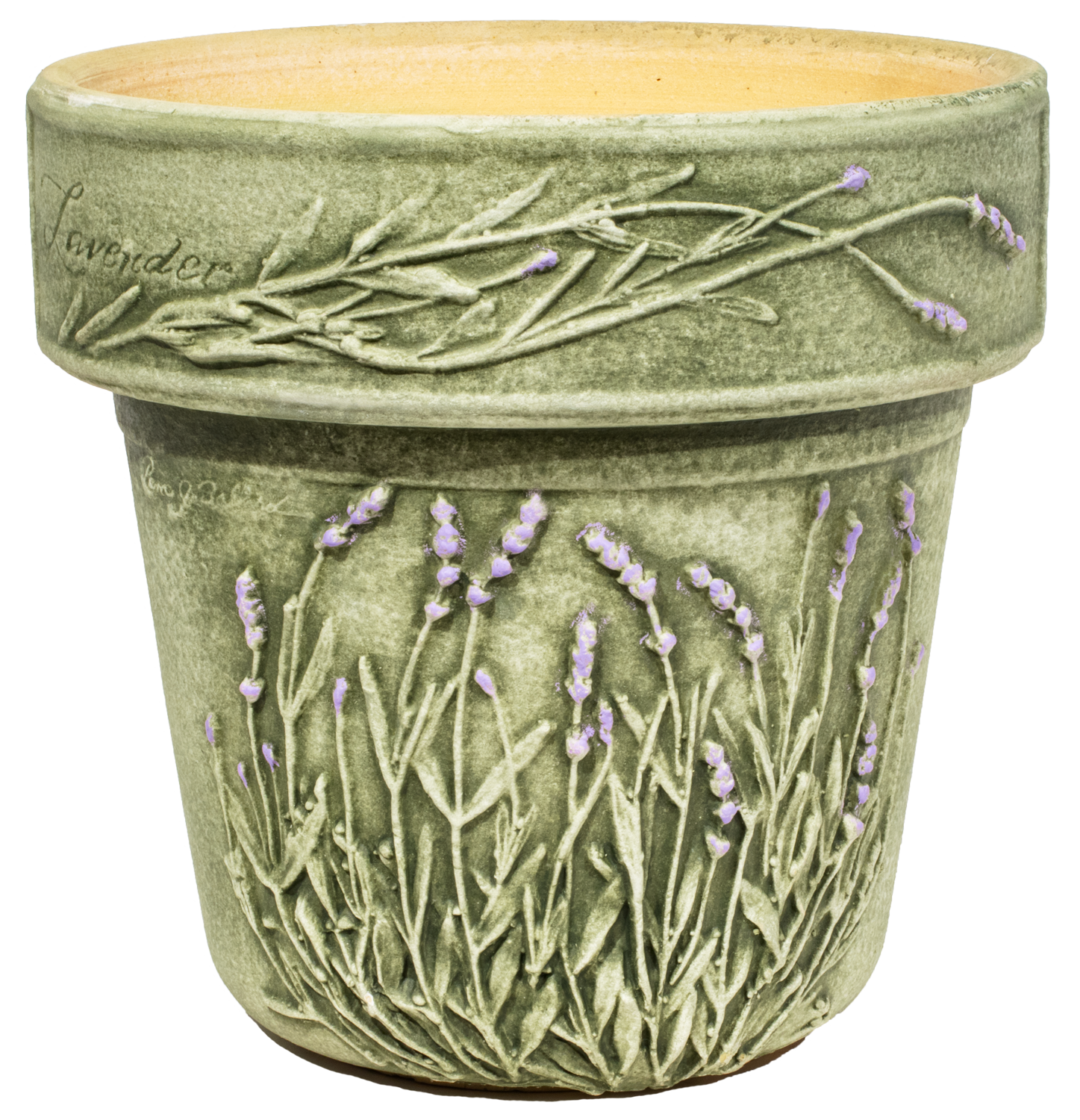 large green aged ceramic planter with hand painted lavender sprigs