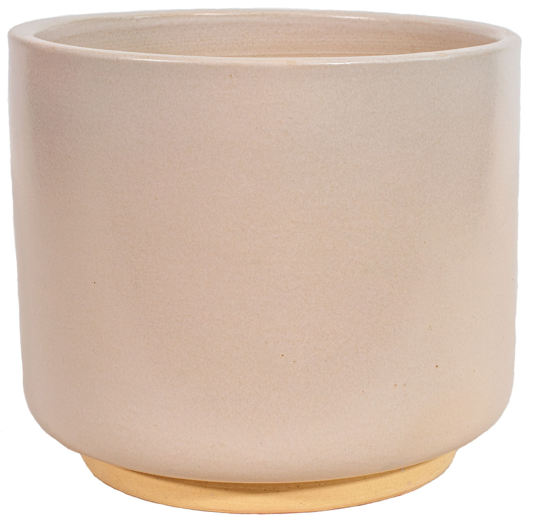 medium white ceramic cylinder planter in a modern style with small pedestal foot