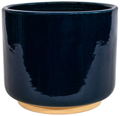 medium Blue ceramic cylinder planter in a modern style with small pedestal foot