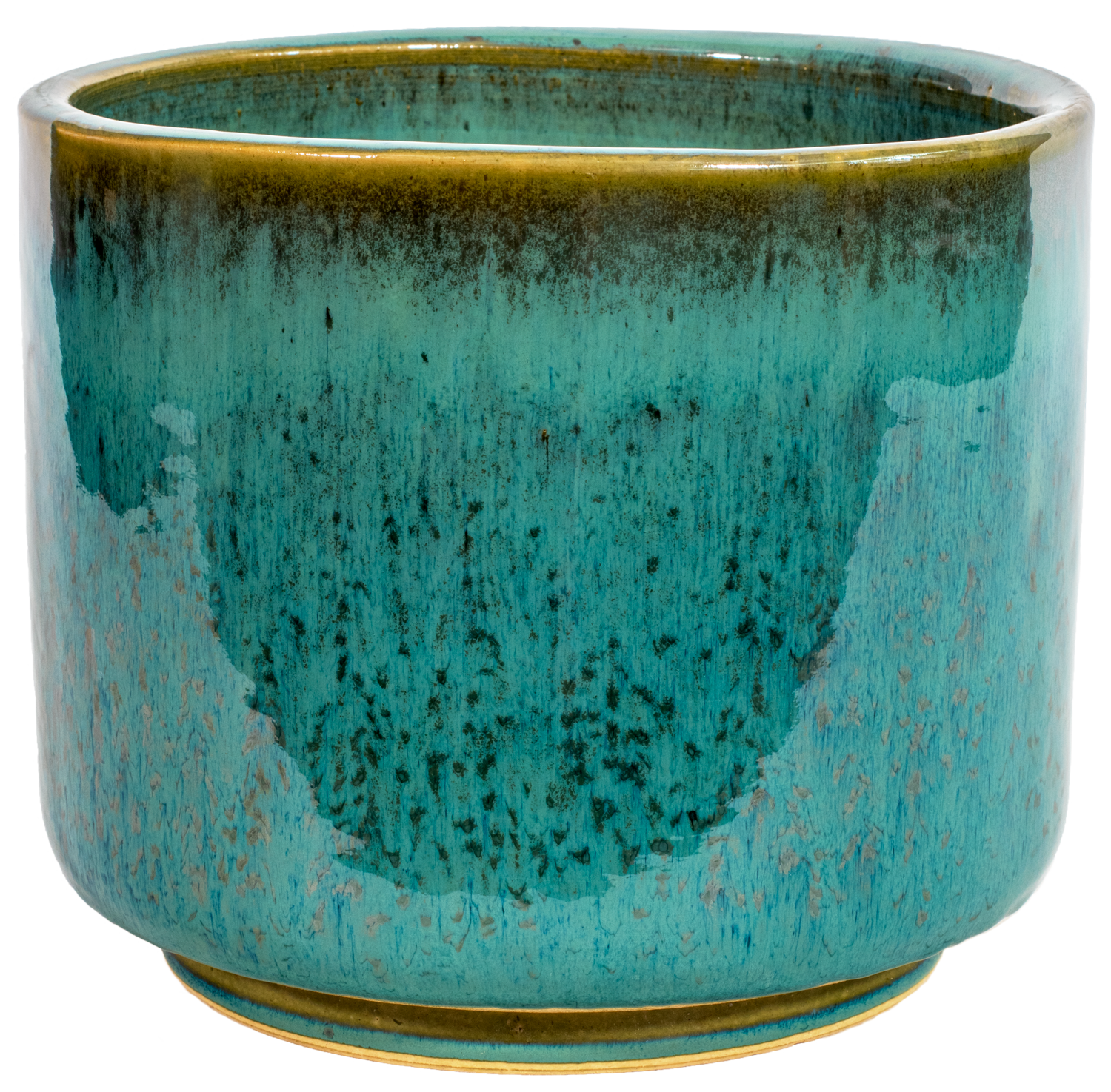 medium turquoise ceramic cylinder planter in a modern style with small pedestal foot