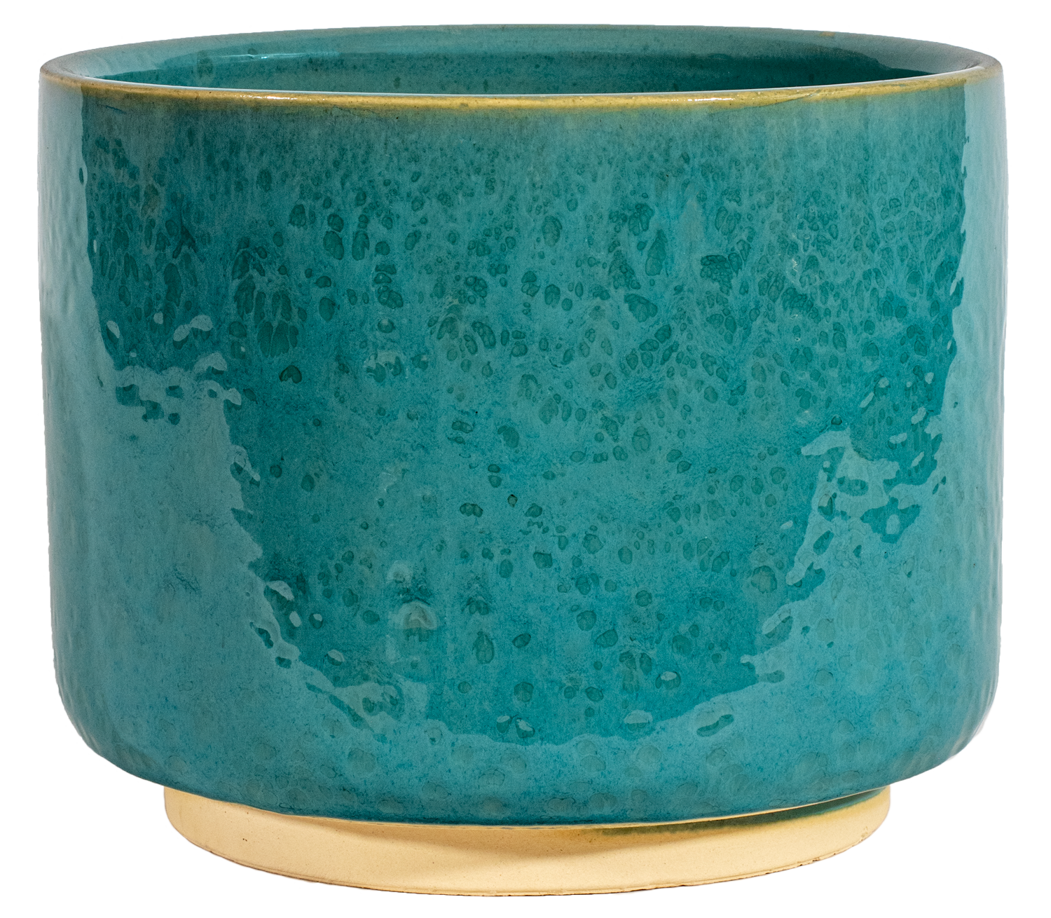 medium turquoise ceramic cylinder planter in a modern style with small pedestal foot
