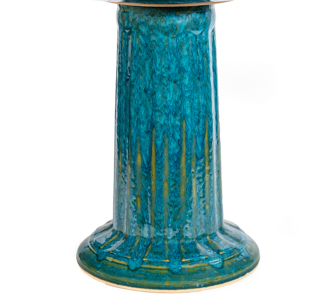 ceramic turquoise birdbath pedestal with column design