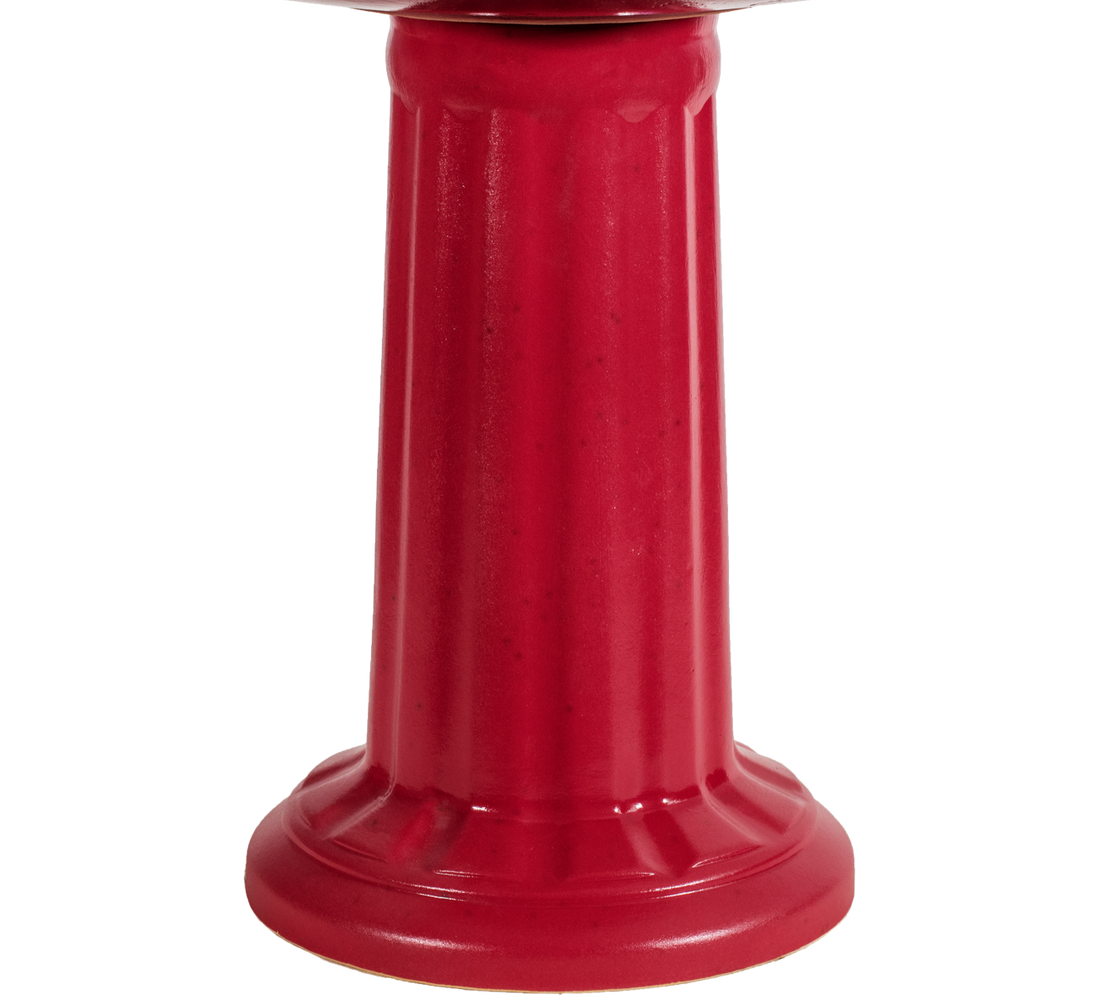 ceramic red birdbath pedestal with column design