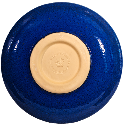 large blue modern ceramic birdbath top view from the back
