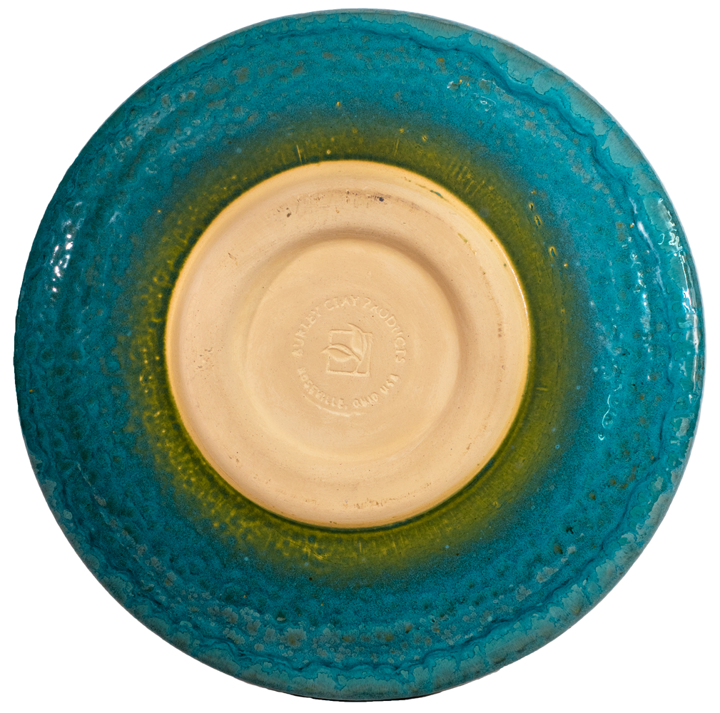 large turquoise modern ceramic birdbath top view from the back