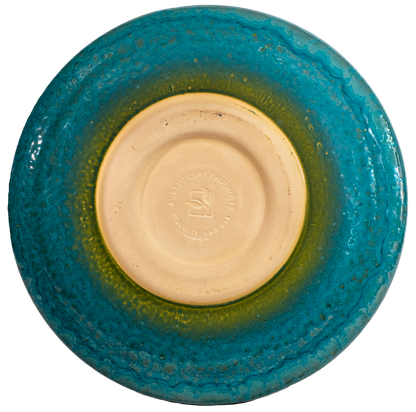 large turquoise modern ceramic birdbath top view from the back